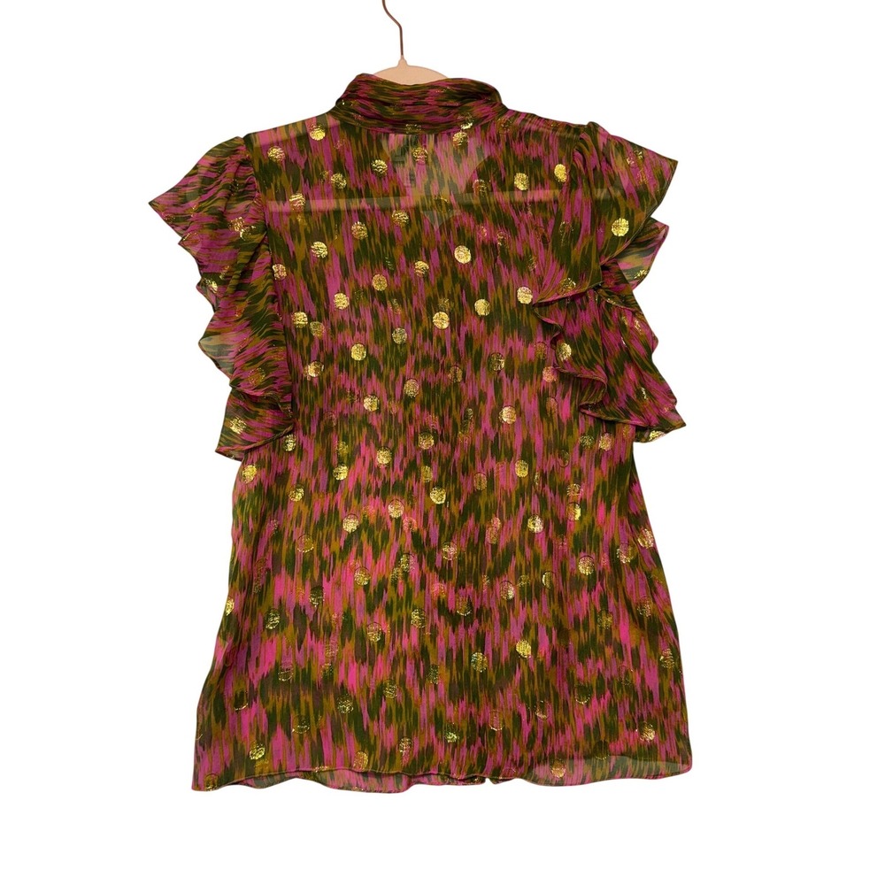Milly of New York Silk Tie Neck Ruffle Blouse Pink Green Gold Metallic Luxe  2 - Picture 5 of 10